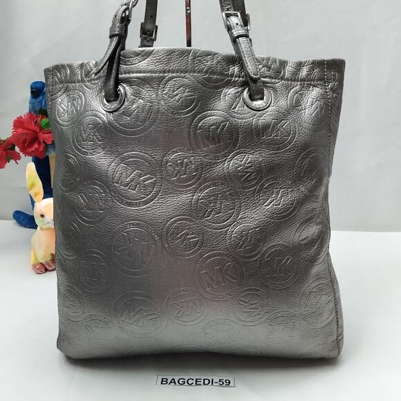 Michael Kors Jet Set Metallic Gray Leather Double Handles Tote Shoulder Bag - Picture 2 of 13